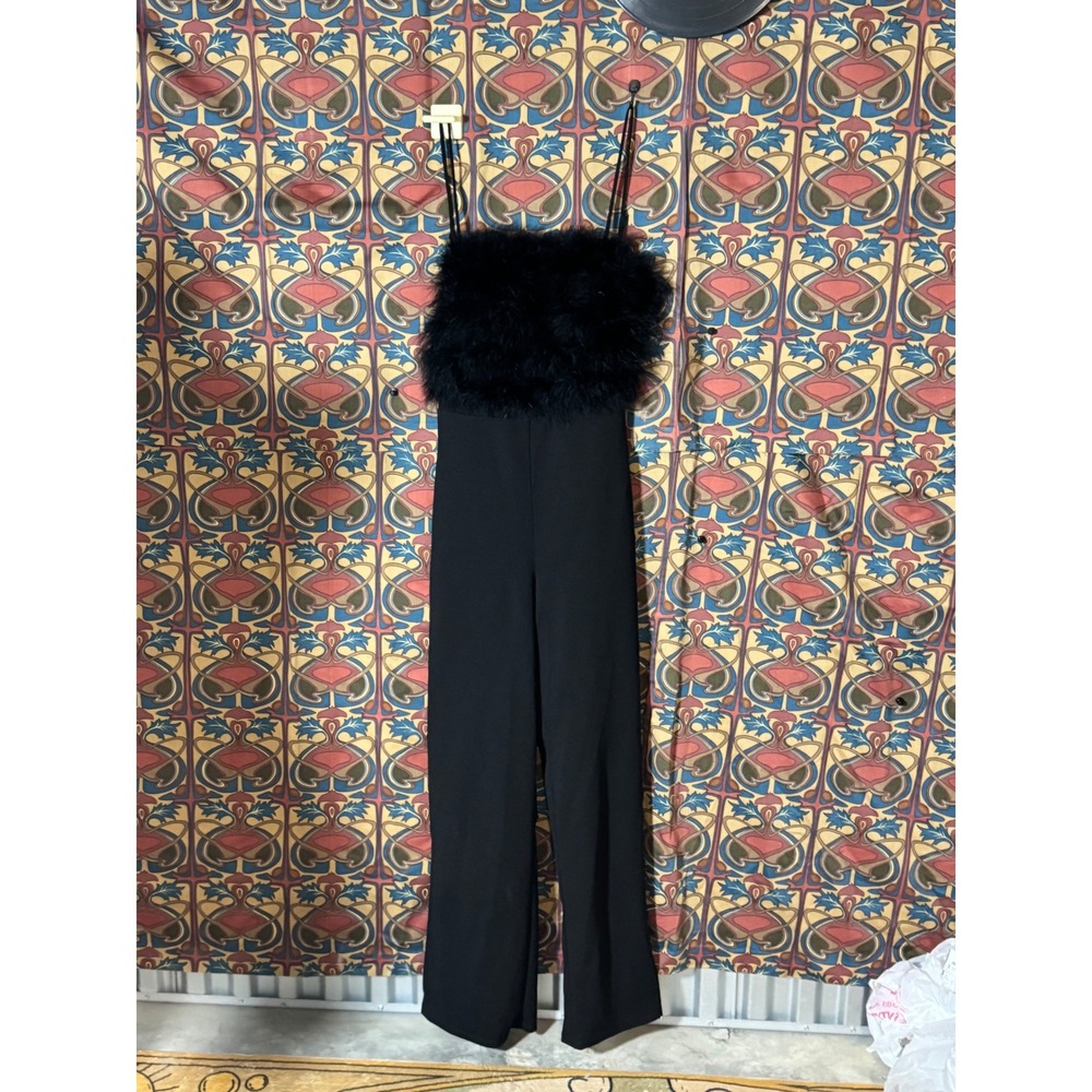 Crystal Sky Black Feather Trim Jumpsuit Strappy Backless Party - S